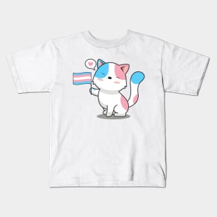 Cute Cat With Transgender Pride Flag Kids T-Shirt